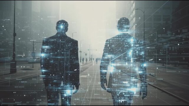 Real man and AI-generated twin walking side by side on a futuristic street digital identity and future society concept - Powered by Adobe
