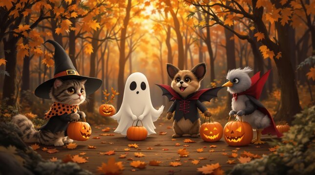 Cute Animals Dressed for Halloween Party in Autumn Woodland Scene - Powered by Adobe
