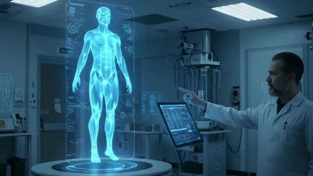 Futuristic analyzing body of doctor on an interactive holographic display. Digital Human. High-tech study personalized health person. Future of biomedicine, diagnostic. Advanced tech