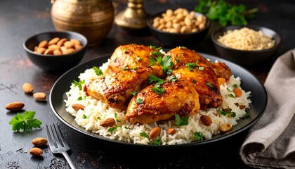 Roasted chicken thighs with rice and almonds