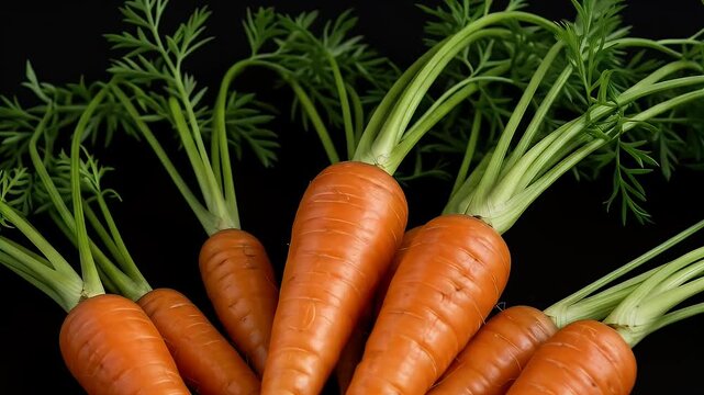 Arrangement of Fresh Carrots with Green Tops on Black Background