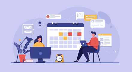 People Working Together with Calendar and Technology.