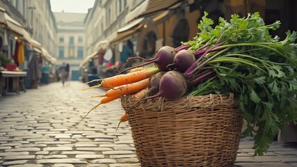 In a vibrant morning market, a woven basket overflows with colorful carrots, deep purple beets, and lush leafy greens. Warm ambient light enhances the rustic charm of cobblestone paths - Powered by Adobe