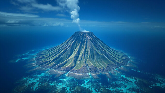Underwater Volcano (16:9), a conical seamount rising from a deep plain with coral-covered slopes, cinematic lighting