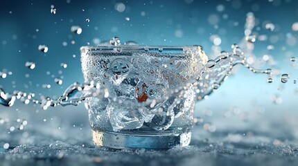 A clear glass filled with ice cubes and water is captured mid-splash against a white background, with droplets and a burst of movement highlighting the freshness and clarity of the drink. - Powered by Adobe