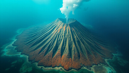 Underwater Volcano (16:9), a conical seamount rising from a deep plain with coral-covered slopes, cinematic lighting