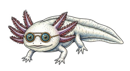 Fototapeta premium A cute axolotl wearing glasses, isolated on white background