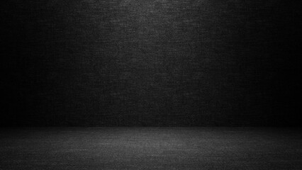 Black empty space room wall background with spotlight - black wall background empty product placement room for advertisement and design texture copy space. Empty black studio room display showcase
