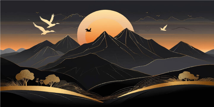 Moonlit mountain landscape at night with clouds