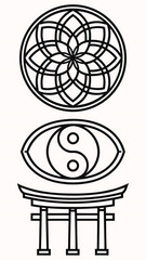 Fototapeta premium Illustration of sacred geometry, yin yang, and torii gate symbols