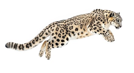Fototapeta premium A snow leopard leaping forward, isolated on white background