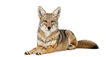Fototapeta premium A majestic coyote rests peacefully on a clean white background