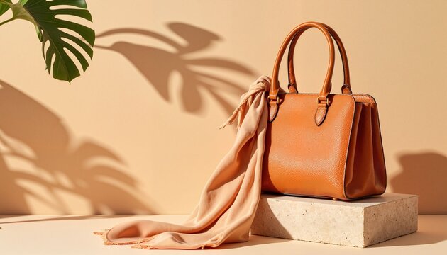 Elegant leather handbag displayed with silk scarf on pedestal  