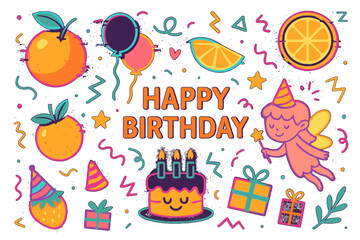 Happy birthday greeting card with cute oranges, cake, and fairy, perfect for a joyful celebration, featuring a colorful doodle style and glitch effect for a modern touch.