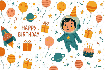 Cute cartoon astronaut celebrates a space-themed birthday with planets, rockets, gifts, balloons, and confetti, creating a festive atmosphere.