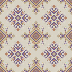 A fusion tribal pattern blending Thai-inspired symbols and geometric diamonds in earthy tones, ideal for textiles and heritage decor.