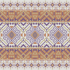 A symmetrical tribal pattern in horizontal layout, featuring intricate diamond and line elements in earthy violet, ivory, and terracotta tones.