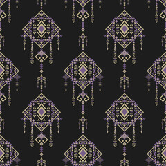Dark tribal pattern featuring diamond dreamcatcher-inspired elements with beige and violet details on a black backdrop.