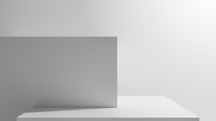 White empty geometric shapes display with professional light and shadows studio template background - white table mock up for product and advertisement. Empty white copy space for cosmetics