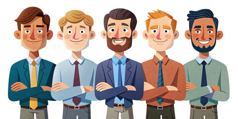 set of business man collection professionals standing confidently with arms crossed and smiling. Formal attire, diverse characters, office theme, isolated on white background. Perfect for presentation