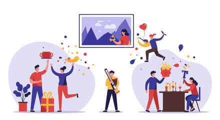 Colorful Illustration of People Celebrating with Various Elements.