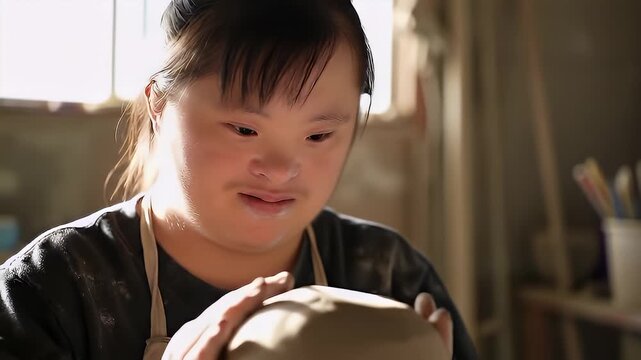 Young Person with Down Syndrome Crafting Clay Art in Studio