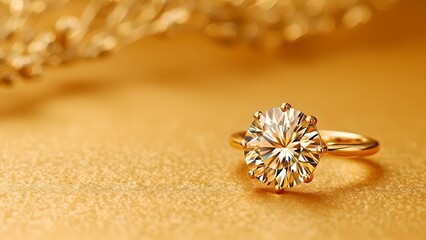Fototapeta premium elegant gold ring, sparkling diamond solitaire, luxury jewelry, minimalist design, glowing metallic surface, sophisticated accessory, precious gemstone, close-up photography, warm lighting, opulent el