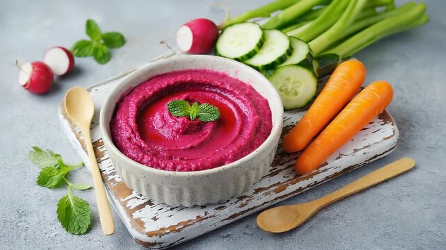 Rich colors and flavors of vibrant beet hummus beautifully swirled in a ceramic bowl. Fresh herbs and sliced vegetables create a delightful arrangement perfect for a healthy snack