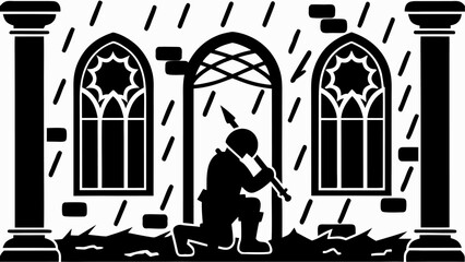 Silhouette of a soldier kneeling in a doorway between two gothic windows during a rainstorm outside the castle