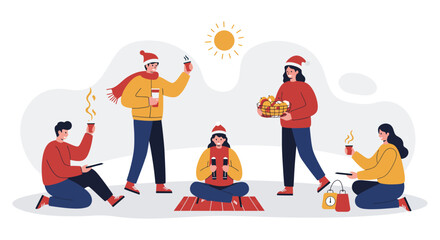 Group of People Enjoying Winter Drinks Outdoors.