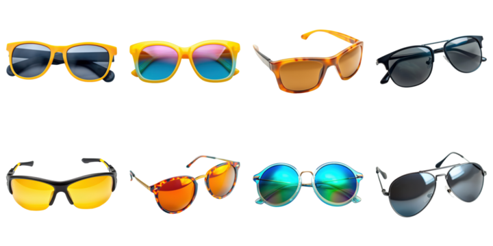 Assortment of colorful sunglasses with transparent background