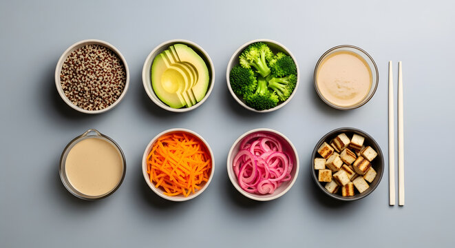 A top-down view of various ingredients arranged for a customizable bowl meal.
