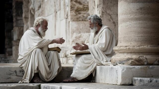 Two ancient Greek philosophers discussing