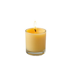 Scented candle in glass container with warm glowing flame