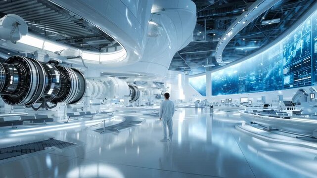 Engineers in a white modern futuristic space lab
