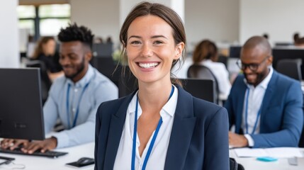 Obraz premium Woman smiling confidently in a professional business meeting with diverse colleagues in a modern office environment