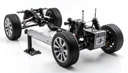 Vehicle chassis, suspension, and wheels. 3D render