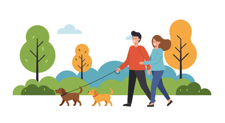 Couple Walking Dogs in Park.