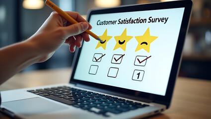 Customer satisfaction survey on laptop with hand and pencil giving rating