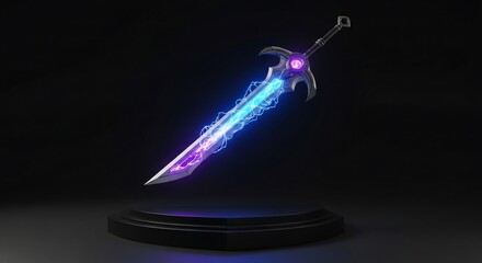 Electrified fantasy sword with glowing orb on a dark pedestal display
