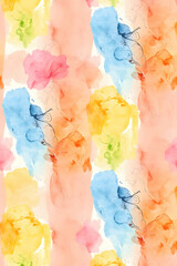 A seamless watercolor pattern with soft, vibrant floral splashes in blue, yellow, green, pink, and orange shades, creating a bright, abstract background ideal for textiles, wallpaper, or decor.