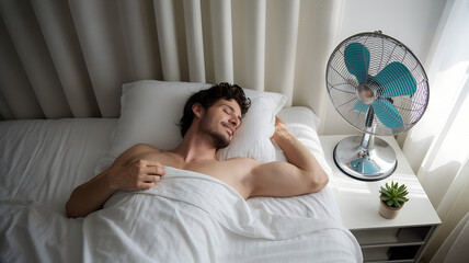Young man sleeps under a white blanket in a bright room with a fan on the bedside table. Morning light and minimalist decor emphasize peaceful rest and summer indoor cooling comfort.