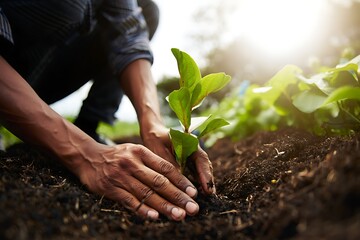 Hands planting a young green plant in fertile soil on a sunny day