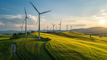 Obraz premium Wind turbines on the green field