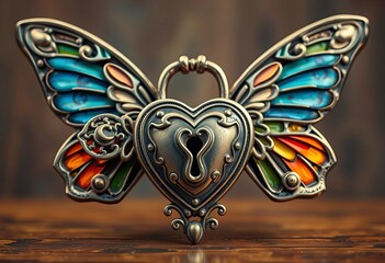 Naklejka premium Ornate metal key, Victorian style, butterfly wings, heart lock , decoration, close-up
