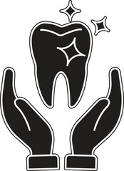 Tooth in sparkling shine with stars icon representing perfectly clean and whitened teeth with transparent background