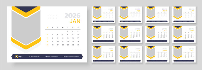 2026 Desk or table calendar template, 2026 Corporate office desk calendar schedule, 2026 calendar planner set of template monthly calendar, Week starts Sunday.