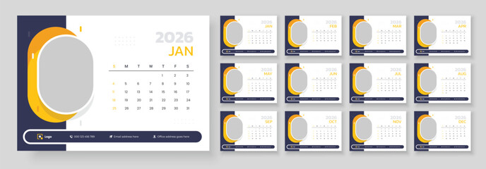 2026 Desk or table calendar template, Week starts Sunday.