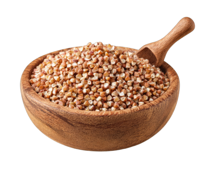 Light brown buckwheat groats in a wooden bowl with a wooden scoop