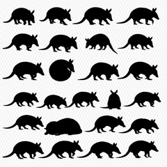 A collection of armadillo silhouettes in various poses, including walking, standing, and curled up, arranged in a grid pattern.